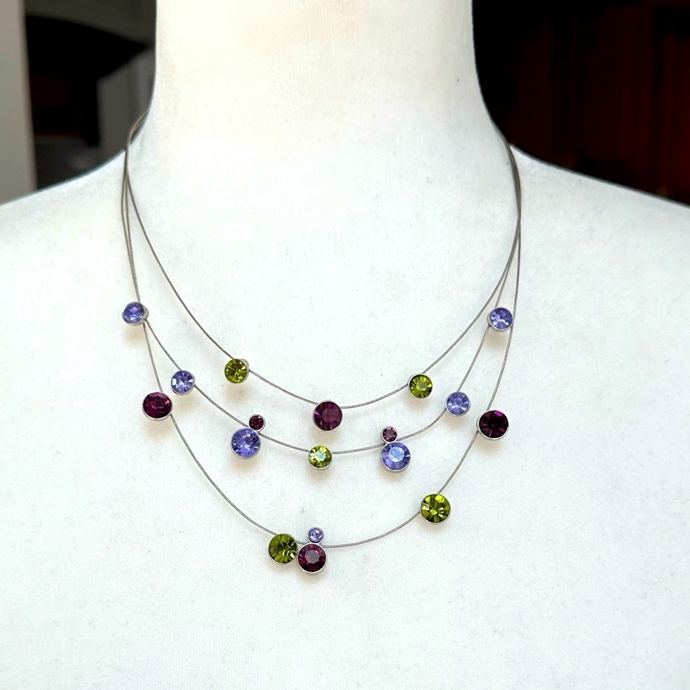 Vintage Napier Signed Jewel Crystal Stone Multi Strand Wire Statement Necklace